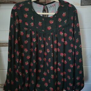Loft Floral Dark Green Blouse Size Large